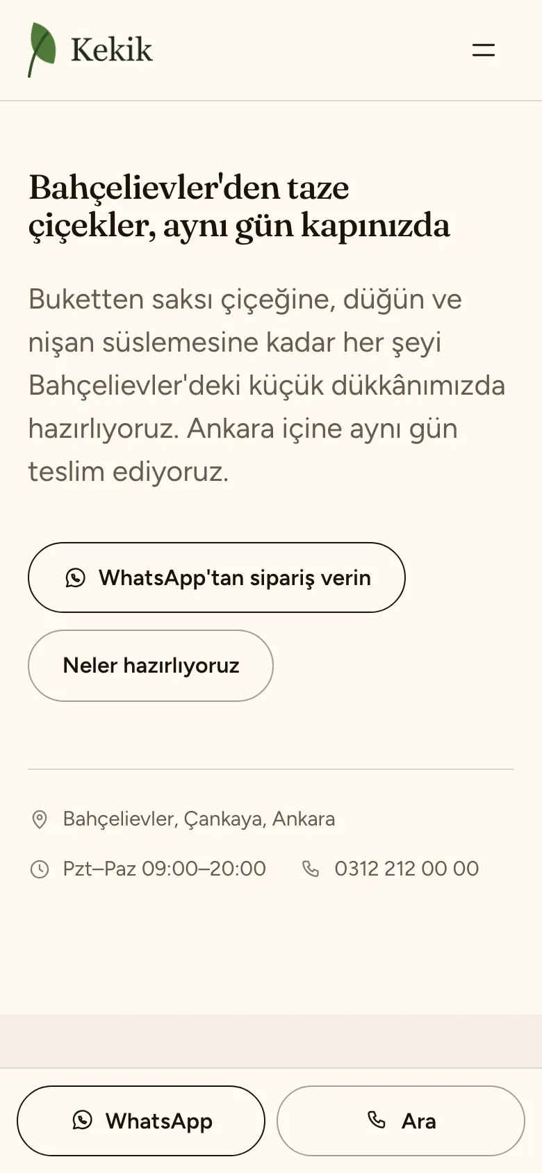 Örnek çiçekçi sitesinin telefon görünümü