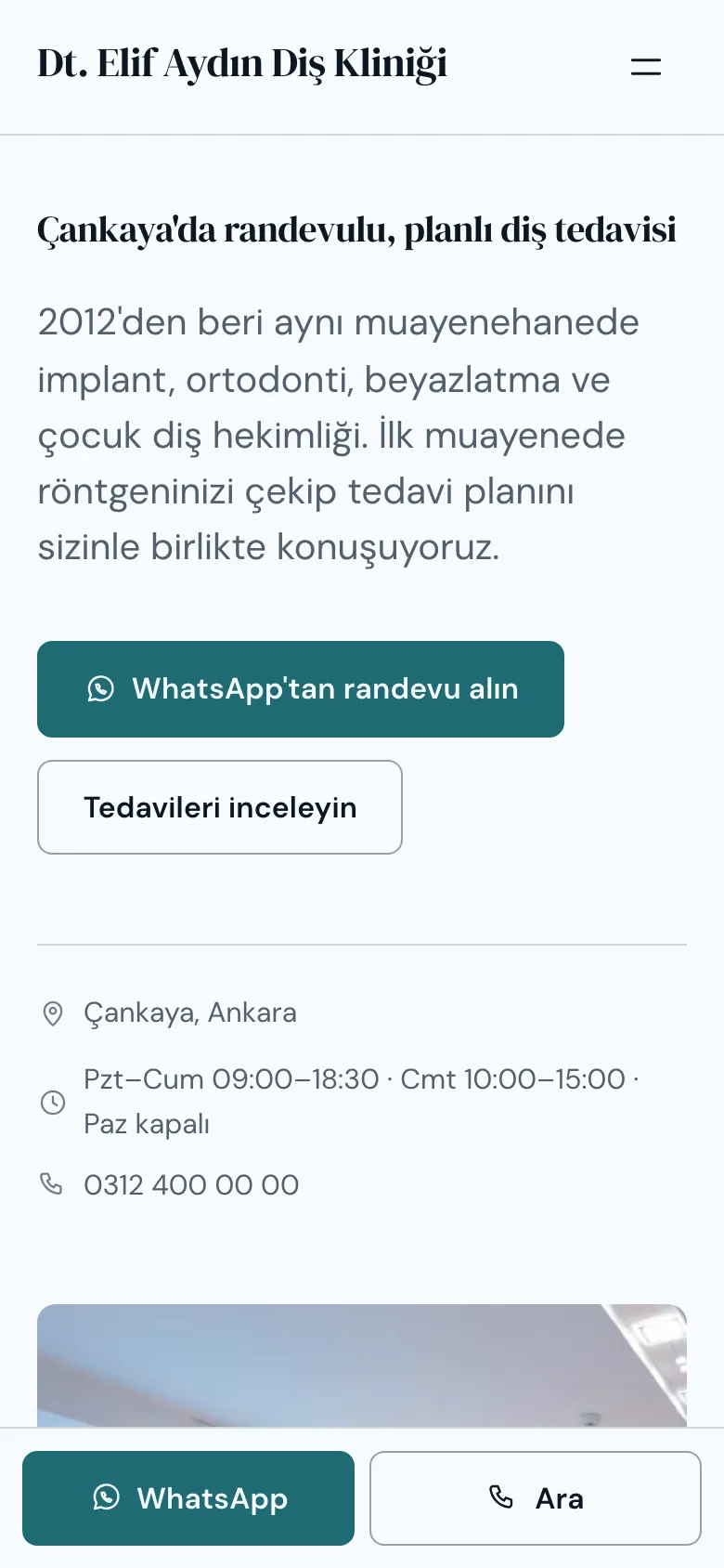 Örnek diş kliniği sitesinin telefon görünümü